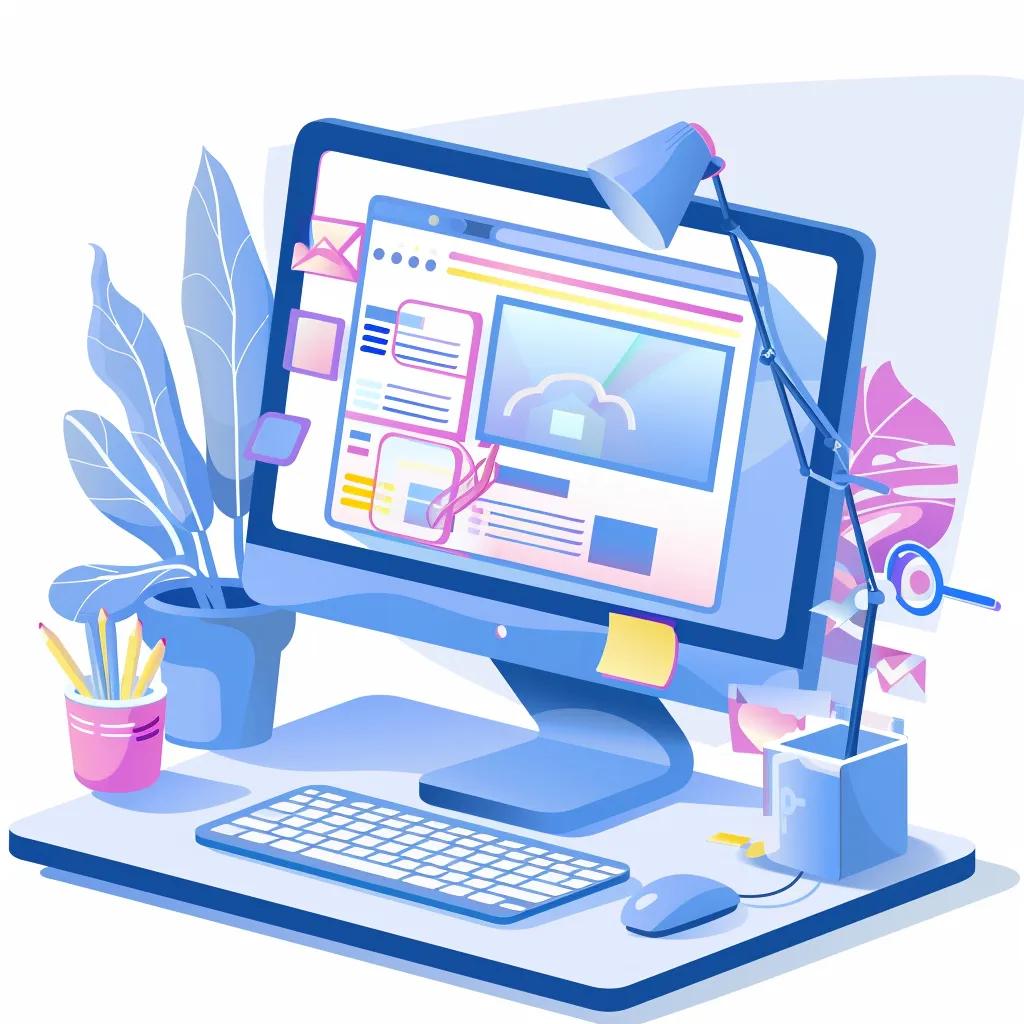 Computer monitor displaying a digital marketing webpage with colorful design elements, surrounded by office supplies and plants, emphasizing SEO strategies and content optimization.