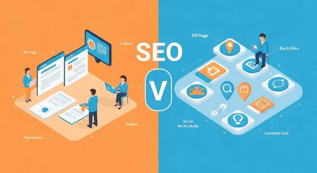 SEO comparison graphic illustrating On-Page and Off-Page strategies, featuring elements like content optimization, backlinks, and social media signals, with a central "SEO vs" label.