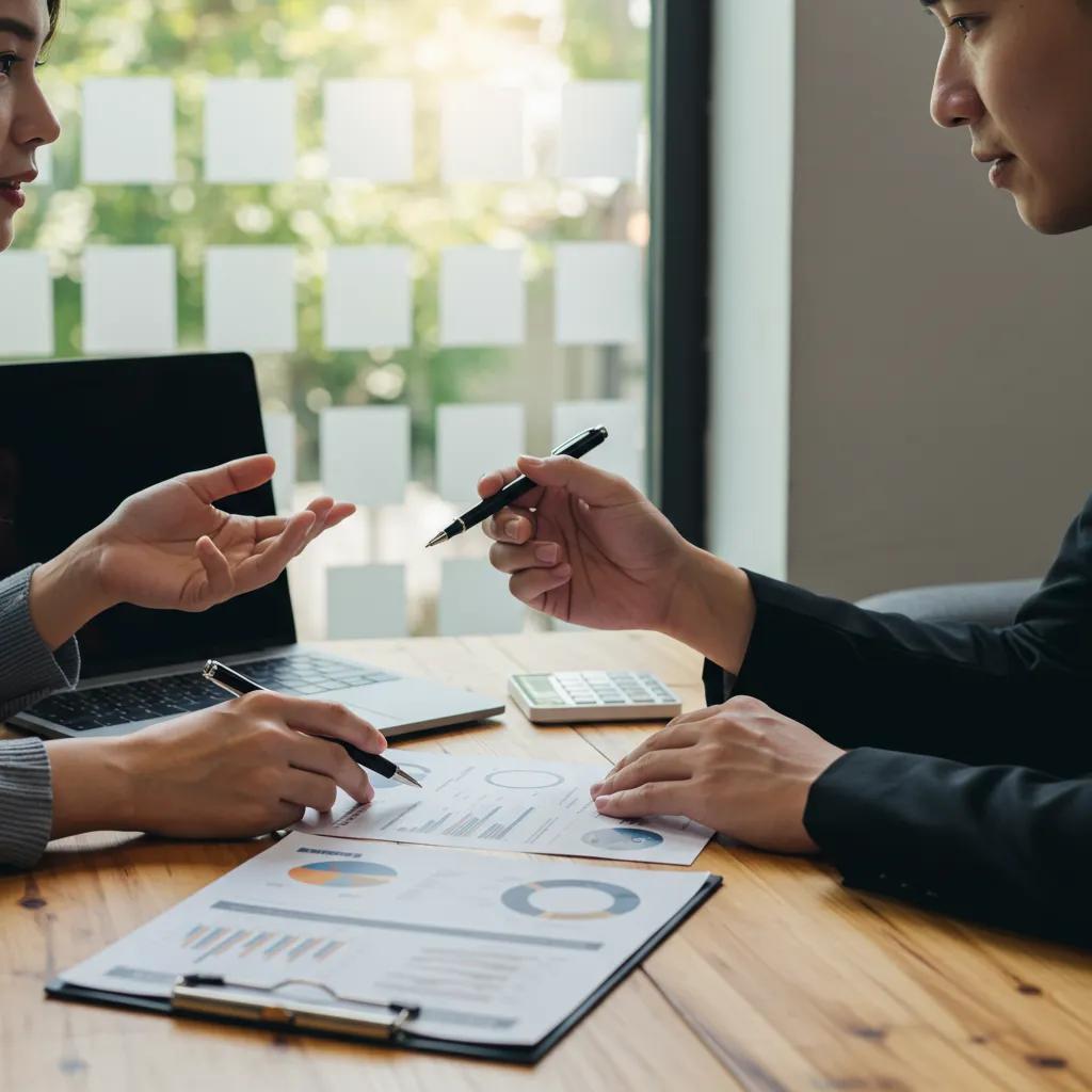Business professionals discussing digital marketing strategies, reviewing proposal documents with graphs and charts, in a collaborative meeting setting.