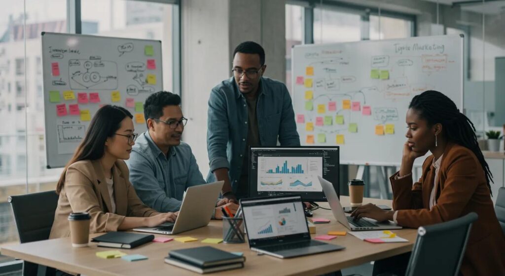 Team collaborating on digital marketing strategies in a modern office, analyzing data on laptops and discussing growth solutions for service-based businesses.